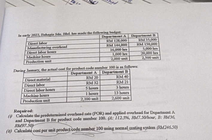 a
100 is as follows: 
Required: 
(i) Calculate the predetermined overhead rate (POR) and applied overhead for Department A 
and Department B for product code number 100. (A: 112.5%, RM7.50/hour, B: RM36,
RM97.50) 
(ii) Calculate cost per unit product code number 100 using normal costing system (RM246.50)