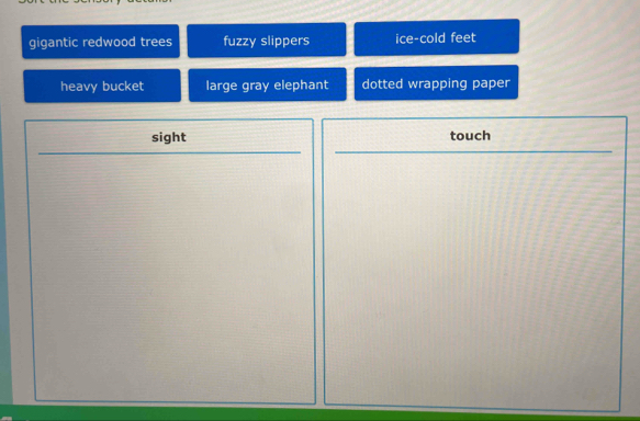 gigantic redwood trees fuzzy slippers ice-cold feet
heavy bucket large gray elephant dotted wrapping paper
sight touch