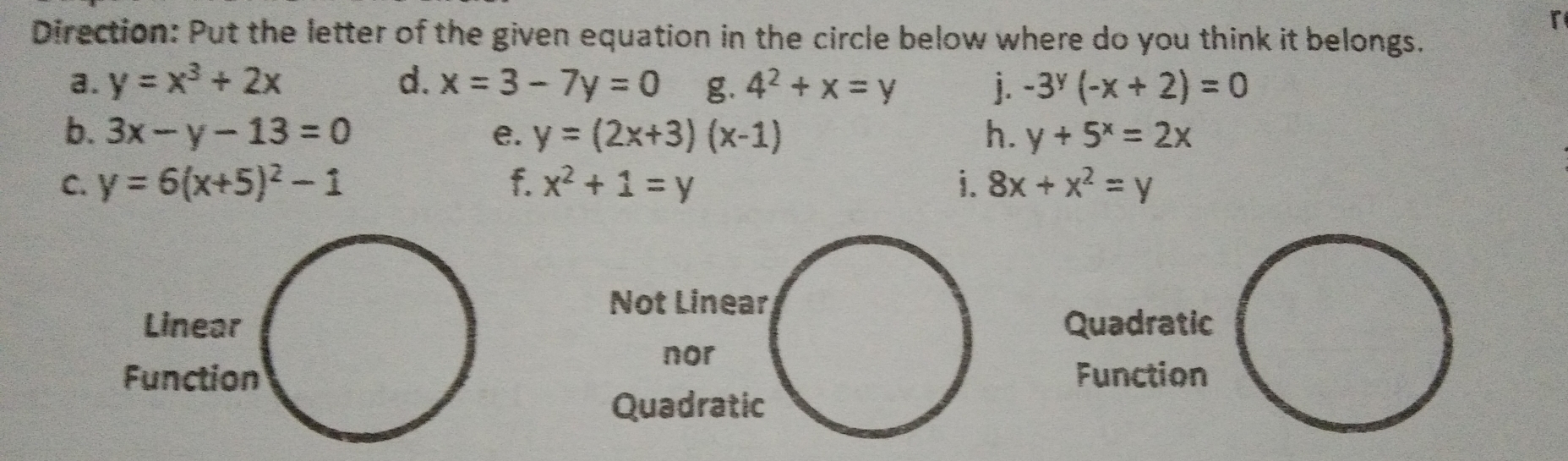 Direction: Put the letter of the given equation in the circle below where do you think it belongs.
a. y=x^3+2x d. x=3-7y=0 g. 4^2+x=y j. -3^y(-x+2)=0
b. 3x-y-13=0 e. y=(2x+3)(x-1) h. y+5^x=2x
C. y=6(x+5)^2-1 f. x^2+1=y i. 8x+x^2=y
Not Linear
Quadratic
nor
Function
Quadratic