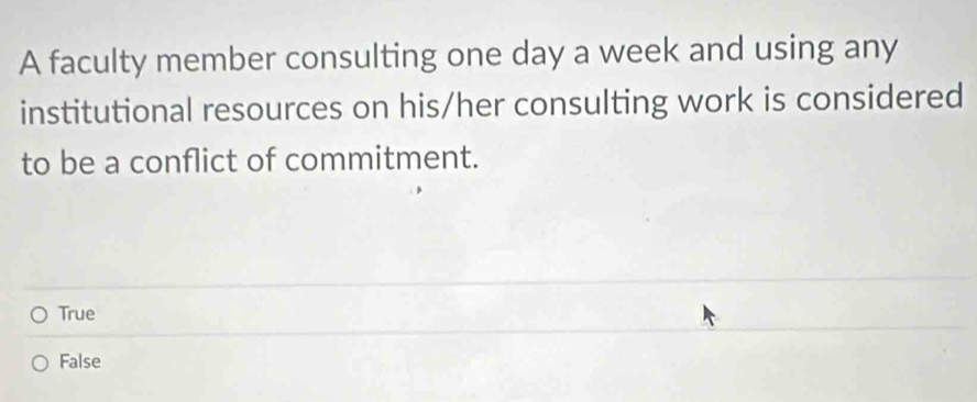 A faculty member consulting one day a week and using any
institutional resources on his/her consulting work is considered
to be a conflict of commitment.
True
False