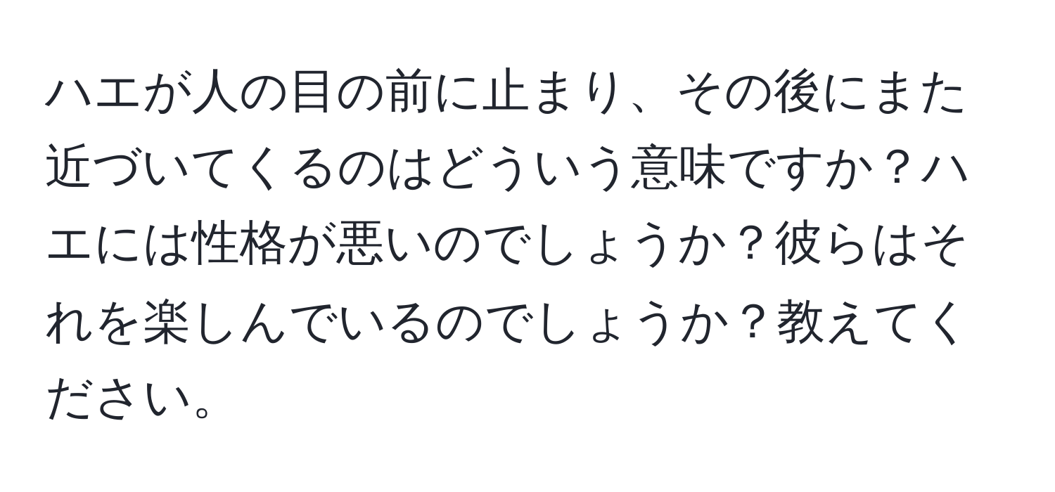 ハエが人の目の前に止まり、その後にまた近づいてくるのはどういう意味ですか？ハエには性格が悪いのでしょうか？彼らはそれを楽しんでいるのでしょうか？教えてください。