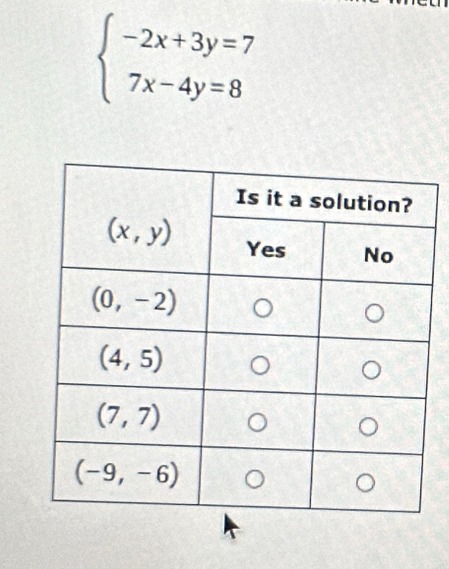 beginarrayl -2x+3y=7 7x-4y=8endarray.