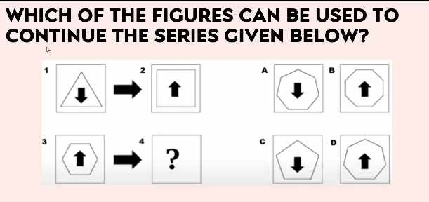 WHICH OF THE FIGURES CAN BE USED TO 
CONTINUE THE SERIES GIVEN BELOW? 
1
2
A B
3
4
c D 
?