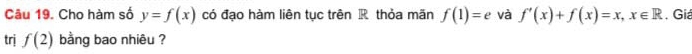 Cho hàm số y=f(x) có đạo hàm liên tục trên R thỏa mãn f(1)=e và f'(x)+f(x)=x, x∈ R. Giả 
trị f(2) bằng bao nhiêu ?