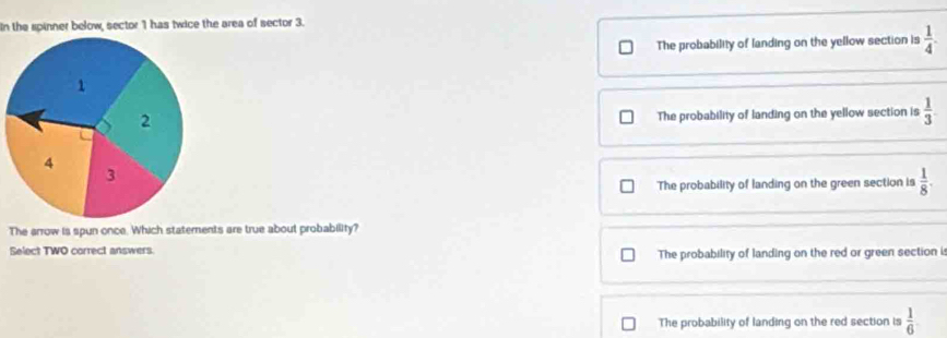 In the spinner below, sector 1 has twice the area of sector 3.
The probability of landing on the yellow section is  1/4 .
The probability of landing on the yellow section is  1/3 
The probability of landing on the green section is  1/8 . 
The arrow is spun once. Which statements are true about probability?
Select TWO correct answers. The probability of landing on the red or green section i
The probability of landing on the red section is  1/6 