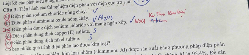 Liệt kê các phát biểu dùng t 
Câu 3: Tiến hành các thí nghiệm điện phân với điện cực trơ sau: 
(a) Điện phân sodium chloride nóng chảy. 
(b) Điện phân aluminium oxide nóng chảy. 
(c) Điện phân dung dịch sodium chloride với màng ngăn xốp. 
* d Điện phân dung dịch copper(II) sulfate. S 
(e) Điện phân dung dịch nikel sulfate. 
Có bao nhiêu quá trình điện phân tạo được kim loại? 
nghiên, kim loại nhôm (aluminium, Al) được sản xuất bằng phương pháp điện phân 
A là 95.4%, Để sản