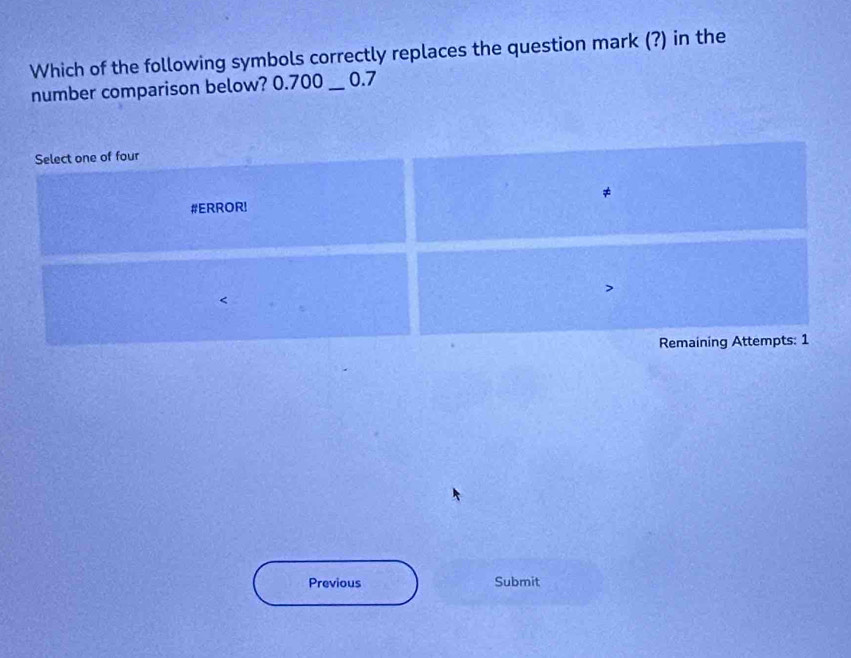 Which of the following symbols correctly replaces the question mark (?) in the 
number comparison below? 0.700 _ 0.7
Select one of four 
#ERROR! 
< 
Remaining Attempts: 1 
Previous Submit