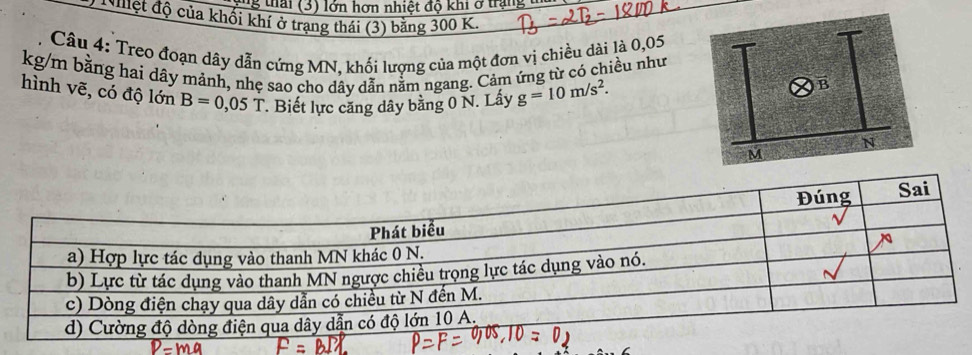 ng thai (3) lớn hợn nhiệt độ khi ở trang 1 
Nhệt độ của khối khí ở trạng thái (3) bằng 300 K 
Câu 4: Treo đoạn dây dẫn cứng MN, khối lượng của một đơn vị chiều dài là 0,05
kg/m bằng hai dây mảnh, nhẹ sao cho dây dẫn nằm ngang. Cảm ứng từ có chiều như 
hình vẽ, có độ lớn B=0,05T Biết lực căng dây bằng 0 N. Lấy g=10m/s^2.