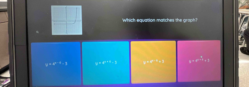 Which equation matches the graph?
y=4^(x-6)-3
y=4^(x+6)-3
y=4^(x-6)+3 y=4^(x+6)+3