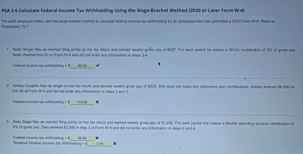 Solved: PSA 3-6 Calculate Federal Income Tax Withholding Using the Wage ...