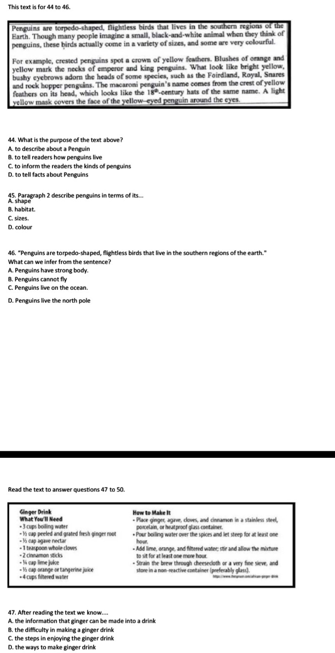 Telah dijawab:This text is for 44 to 46. Penguins are torpedo-shaped ...