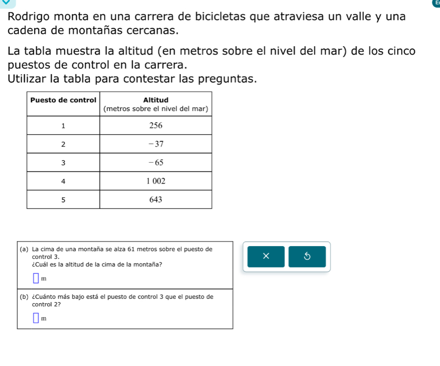 Rodrigo monta en una carrera de bicicletas que atraviesa un valle y una 
cadena de montañas cercanas. 
La tabla muestra la altitud (en metros sobre el nivel del mar) de los cinco 
puestos de control en la carrera. 
Utilizar la tabla para contestar las preguntas. 
(a) La cima de una montaña se alza 61 metros sobre el puesto de 
control 3. × 5 
¿Cuál es la altitud de la cima de la montaña?
m
(b) ¿Cuánto más bajo está el puesto de control 3 que el puesto de 
control 2?
m