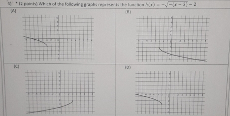 Which of the following graphs represents the function h(x)=-sqrt(-(x-3))-2
(A) (8)

(C (D)