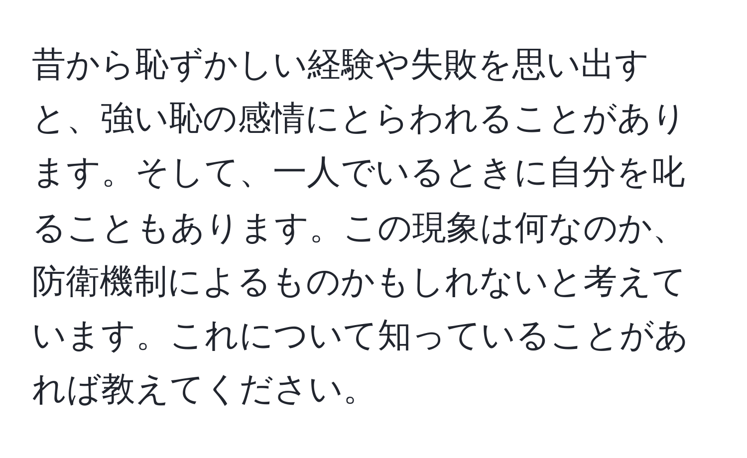 昔から恥ずかしい経験や失敗を思い出すと、強い恥の感情にとらわれることがあります。そして、一人でいるときに自分を叱ることもあります。この現象は何なのか、防衛機制によるものかもしれないと考えています。これについて知っていることがあれば教えてください。