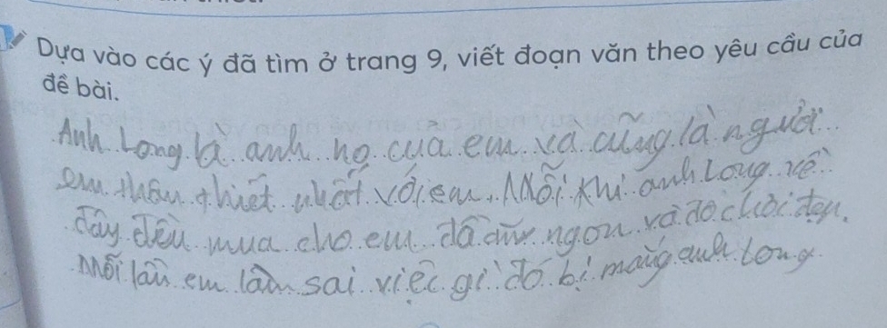 Dựa vào các ý đã tìm ở trang 9, viết đoạn văn theo yêu cầu của 
đề bài.