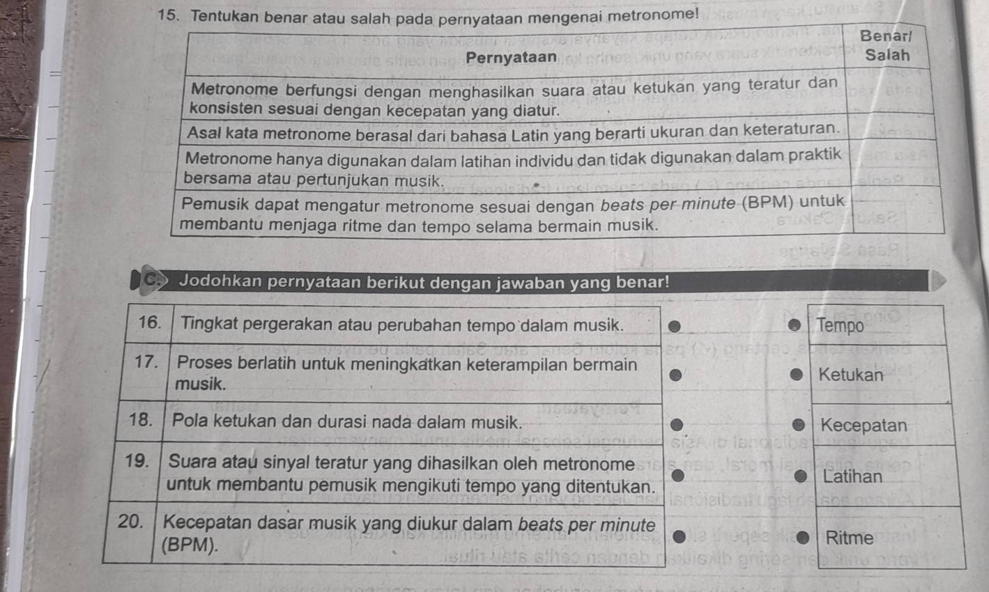 Tentukan benar angenai metronome! 
Jodohkan pernyataan berikut dengan jawaban yang benar! 
Tempo 
Ketukan 
Kecepatan 
Latihan 
Ritme