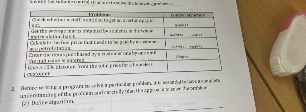 Identily the suitable control structure to solve the following problems: 
2. Before writing a program to solve a particular problem, it is essential to have a complete 
understanding of the problem and carefully plan the approach to solve the problem. 
(a) Define algorithm.