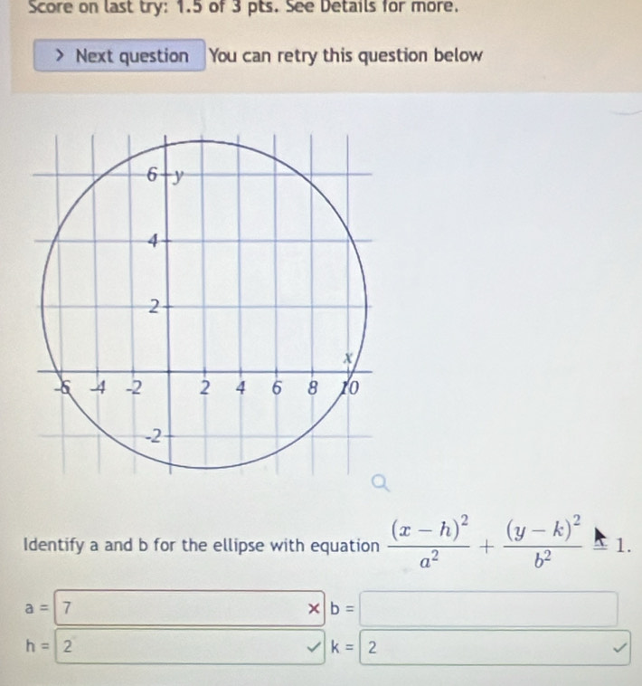 Score on last try: 1.5 of 3 pts. See Details for more.
Next question You can retry this question below
Identify a and b for the ellipse with equation frac (x-h)^2a^2+frac (y-k)^2b^2=1.
a=| 7
□ 
* b=□ □ 
h=| 2 □  □ □° | k=2