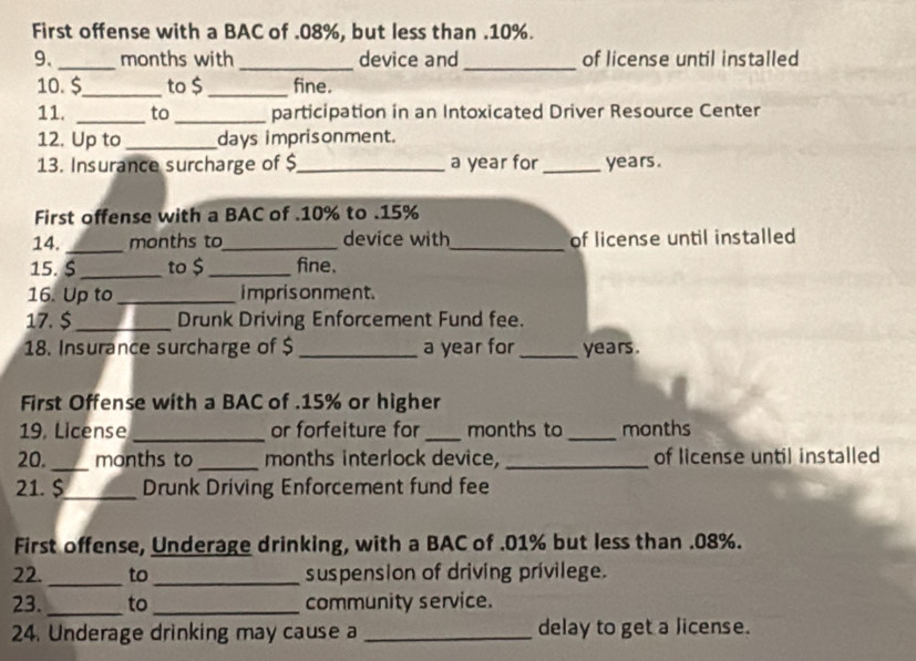 First offense with a BAC of . 08%, but less than . 10%. 
9. _months with _device and_ of license until installed 
10. $_ to $ _fine. 
11. _to_ participation in an Intoxicated Driver Resource Center 
12. Up to _days imprisonment. 
13. Insurance surcharge of $_  a year for _ years. 
First offense with a BAC of . 10% to . 15%
14. _months to_ device with_ of license until installed 
15. $_ to $_ fine. 
16. Up to _impris onment. 
17. $_ Drunk Driving Enforcement Fund fee. 
18. Insurance surcharge of $ _ a year for_ years. 
First Offense with a BAC of . 15% or higher 
19, License _or forfeiture for _ months to_ months
20._ months to _months interlock device, _of license until installed 
21. $_ Drunk Driving Enforcement fund fee 
First offense, Underage drinking, with a BAC of . 01% but less than . 08%. 
22._ to_ suspension of driving privilege. 
23._ to_ community service. 
24. Underage drinking may cause a _delay to get a license.