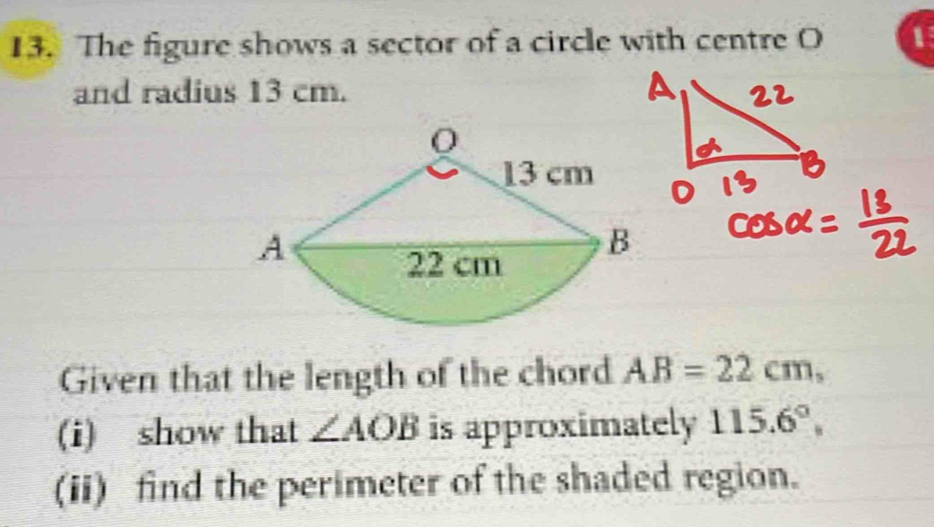 The figure shows a sector of a circle with centre O 1 
and radius 13 cm. 
Given that the length of the chord AB=22cm, 
(i) show that ∠ AOB is approximately 115.6°, 
(ii) find the perimeter of the shaded region.