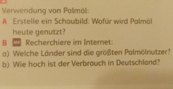 Verwendung von Palmöl: 
A Erstelle ein Schaubild: Wofür wird Palmöl 
heute genutzt? 
B M Recherchiere im Internet: 
a) Welche Länder sind die größten Palmölnutzer? 
b) Wie hoch ist der Verbrauch in Deutschland?