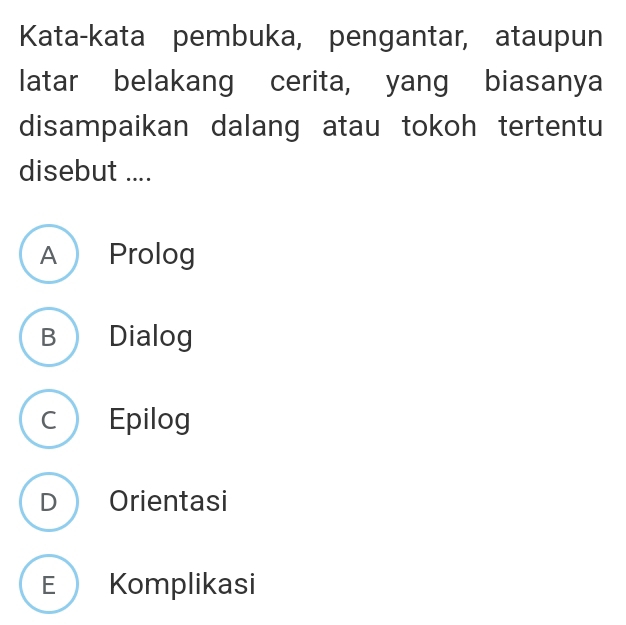 Kata-kata pembuka, pengantar, ataupun
latar belakang cerita, yang biasanya
disampaikan dalang atau tokoh tertentu
disebut ....
A Prolog
B Dialog
c Epilog
D Orientasi
E Komplikasi