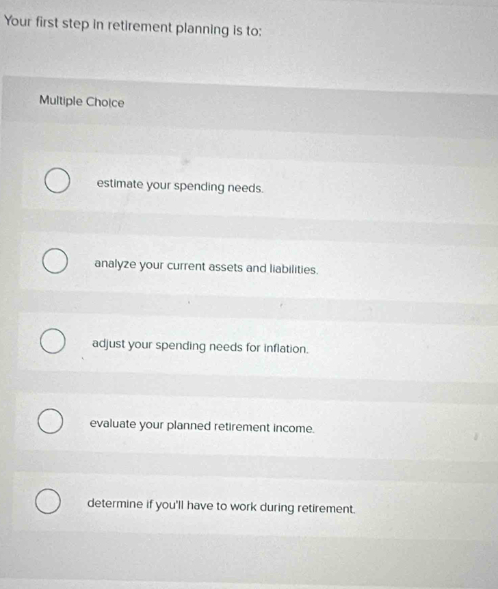 Your first step in retirement planning is to:
Multiple Choice
estimate your spending needs.
analyze your current assets and liabilities.
adjust your spending needs for inflation.
evaluate your planned retirement income.
determine if you'll have to work during retirement.