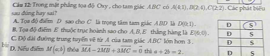 Trong mặt phẳng tọa độ Oxy , cho tam giác ABC có A(4;1), B(2;4), C(2;2). Các phát biểu
sau đúng hay sai?
A. Tọa độ điểm D sao cho C là trọng tâm tam giác ABD là D(0;1).
B. Tọa độ điểm E thuộc trục hoành sao cho A, B, E thắng hàng là E(6;0).
C. Độ dài đường trung tuyến vẽ từ A của tam giác ABC lớn hơn 3.
bi D. Nếu điểm M(a;b) thỏa vector MA-2vector MB+3vector MC=vector 0 thì a+2b=2.