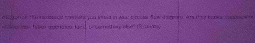 ateggrze the resounce markets you listed in your circuler flow diagram. Are they banks, sppders or 
assurees, fabor agencles, land, or semething alse? (2 points)