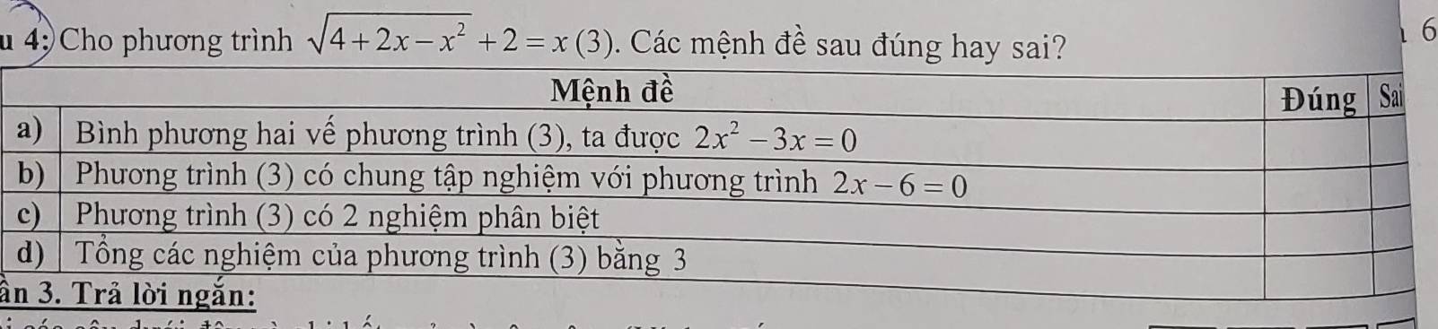 4; Cho phương trình sqrt(4+2x-x^2)+2=x(3) Các mệnh đề sau đúng hay sai?
1 6
ầ