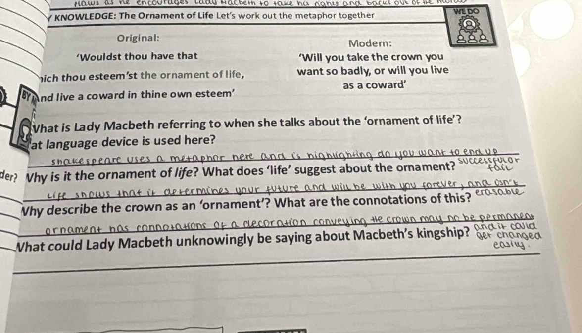 faws as he encourages lady Nacbet to fake his nghts and backs oue of He m 
* KNOWLEDGE: The Ornament of Life Let’s work out the metaphor together WEDO 
Original: 
Modern: 
‘Wouldst thou have that ‘Will you take the crown you 
mich thou esteem’st the ornament of life, want so badly, or will you live 
as a coward’ 
BY And live a coward in thine own esteem' 
What is Lady Macbeth referring to when she talks about the ‘ornament of life’? 
at language device is used here? 
der? Why is it the ornament of life? What does ‘life’ suggest about the ornament? 
Why describe the crown as an ‘ornament’? What are the connotations of this? erosa 
What could Lady Macbeth unknowingly be saying about Macbeth's kingship? 
_