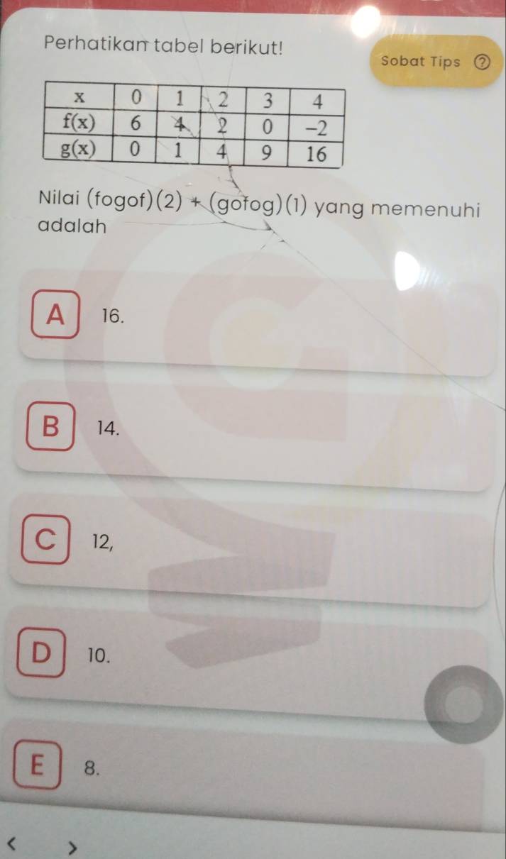 Perhatikan tabel berikut!
Sobat Tips
Nilai (fogof)(2)+ (gofog)(1) yang memenuhi
adalah
A 16.
B 14.
C 12,
D 10.
E 8.