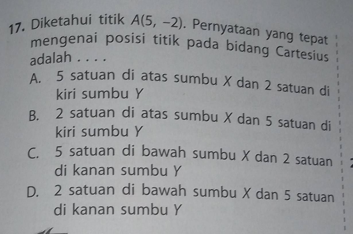 Diketahui titik A(5,-2). Pernyataan yang tepat
mengenai posisi titik pada bidang Cartesius
adalah . . . .
A. 5 satuan di atas sumbu X dan 2 satuan di
kiri sumbu Y
B. 2 satuan di atas sumbu X dan 5 satuan di
kiri sumbu Y
C. 5 satuan di bawah sumbu X dan 2 satuan
di kanan sumbu Y
D. 2 satuan di bawah sumbu X dan 5 satuan
di kanan sumbu Y