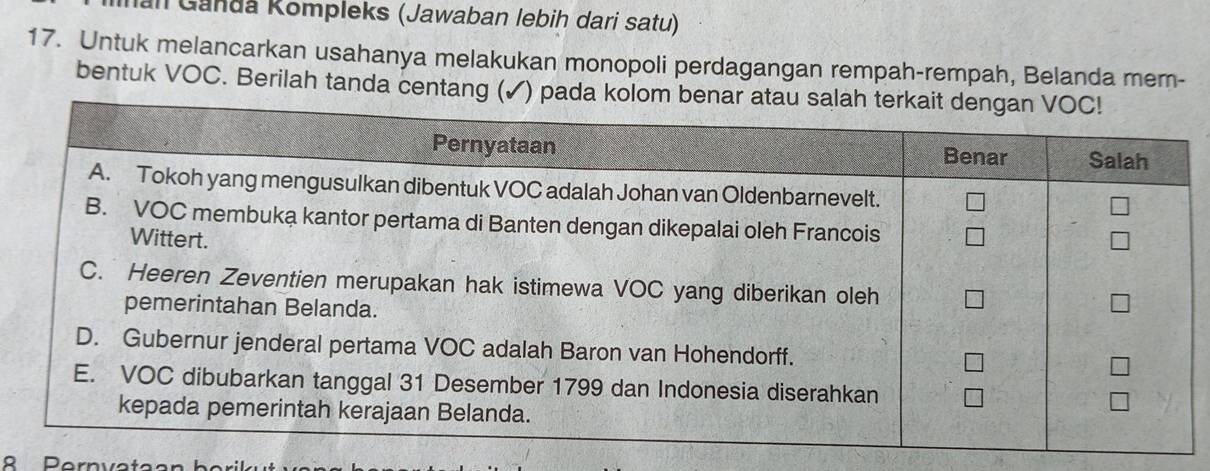 al Ganda Kompleks (Jawaban lebih dari satu) 
17. Untuk melancarkan usahanya melakukan monopoli perdagangan rempah-rempah, Belanda mem- 
bentuk VOC. Berilah tanda centang (✓)