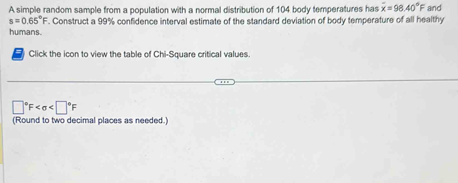 A simple random sample from a population with a normal distribution of 104 body temperatures has overline x=98.40°F and
s=0.65°F. Construct a 99% confidence interval estimate of the standard deviation of body temperature of all healthy 
humans. 
Click the icon to view the table of Chi-Square critical values.
□°F
(Round to two decimal places as needed.)