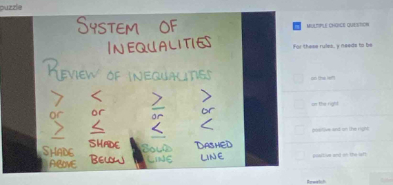 puzzie
MULTIPLE CHOICE QUESTION
For these rules, y needs to be
on the lef!
on the right
positive and on the right:
pasitive and on the left
Rewatch