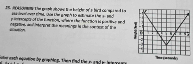 REASONING The graph shows the height of a bird compared to 
sea level over time. Use the graph to estimate the x - and 
y-intercepts of the function, where the function is positive and 
negative, and interpret the meanings in the context of the 
situation. 
Solve each equation by graphing. Then find the x - and y - intercents
2x+4