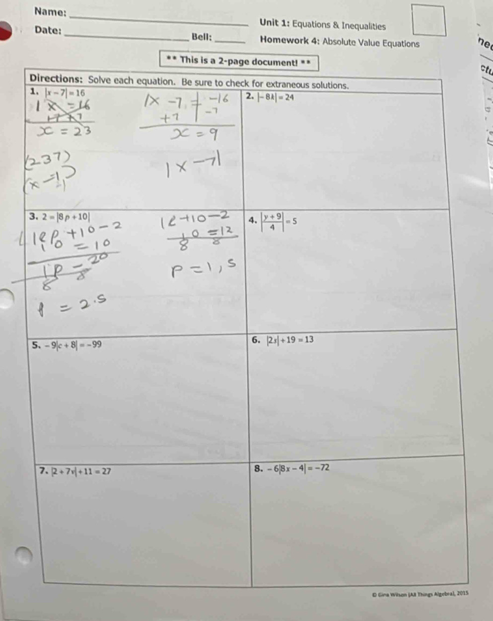 Name: _ Unit 1: Equations & Inequalities
Date:_ Bell:_ Homework 4: Absolute Value Equations
ne
_
ctu
O Gina Wilson (AlI Things Algebra), 2015