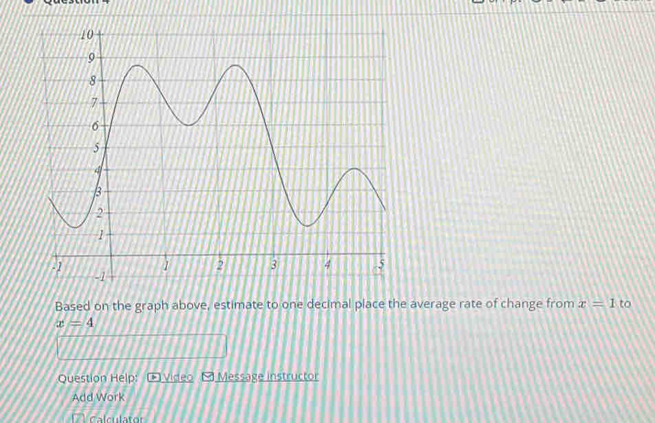 Based on the graph above, estimate to one decimal place the average rate of change from x=1 to
x=4
Question Help: Video Message instructor 
Add Work 
Calculator