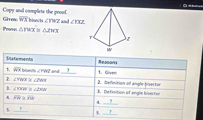 All Bookmark 
Copy and complete the proof. 
Given: overline WX bisects ∠ YWZ and ∠ YXZ. 
Prove: △ YWX≌ △ ZWX
Statements Reasons 
1. overline WX bisects ∠ YWZ and _? 1. Given 
2. ∠ YWX≌ ∠ ZWX 2. Definition of angle bisector 
3. ∠ YXW≌ ∠ ZXW 3. Definition of angle bisector 
4. overline XW≌ overline XW
5. ? 4. _ ?
5. _ ?