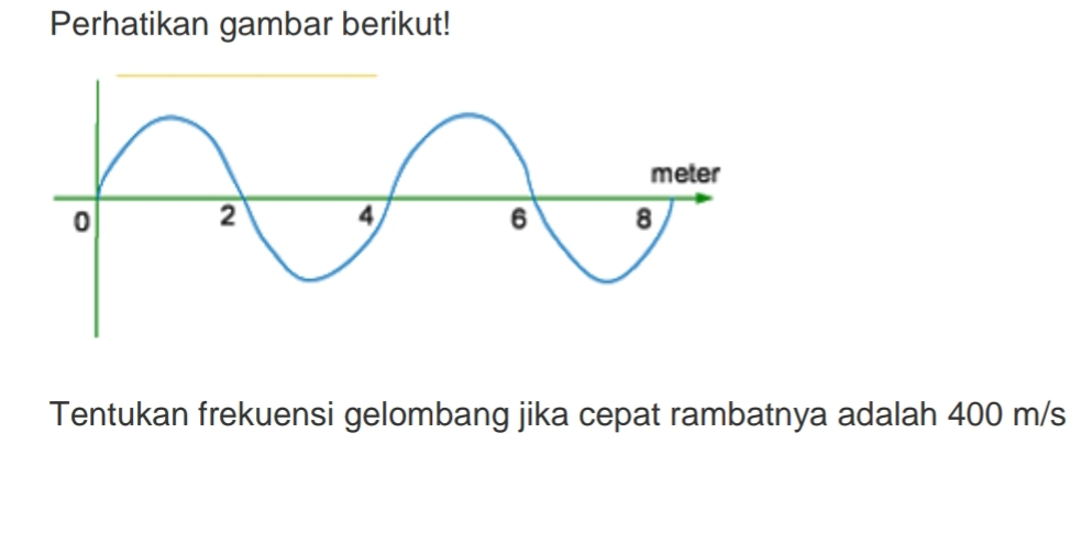 Perhatikan gambar berikut! 
Tentukan frekuensi gelombang jika cepat rambatnya adalah 400 m/s