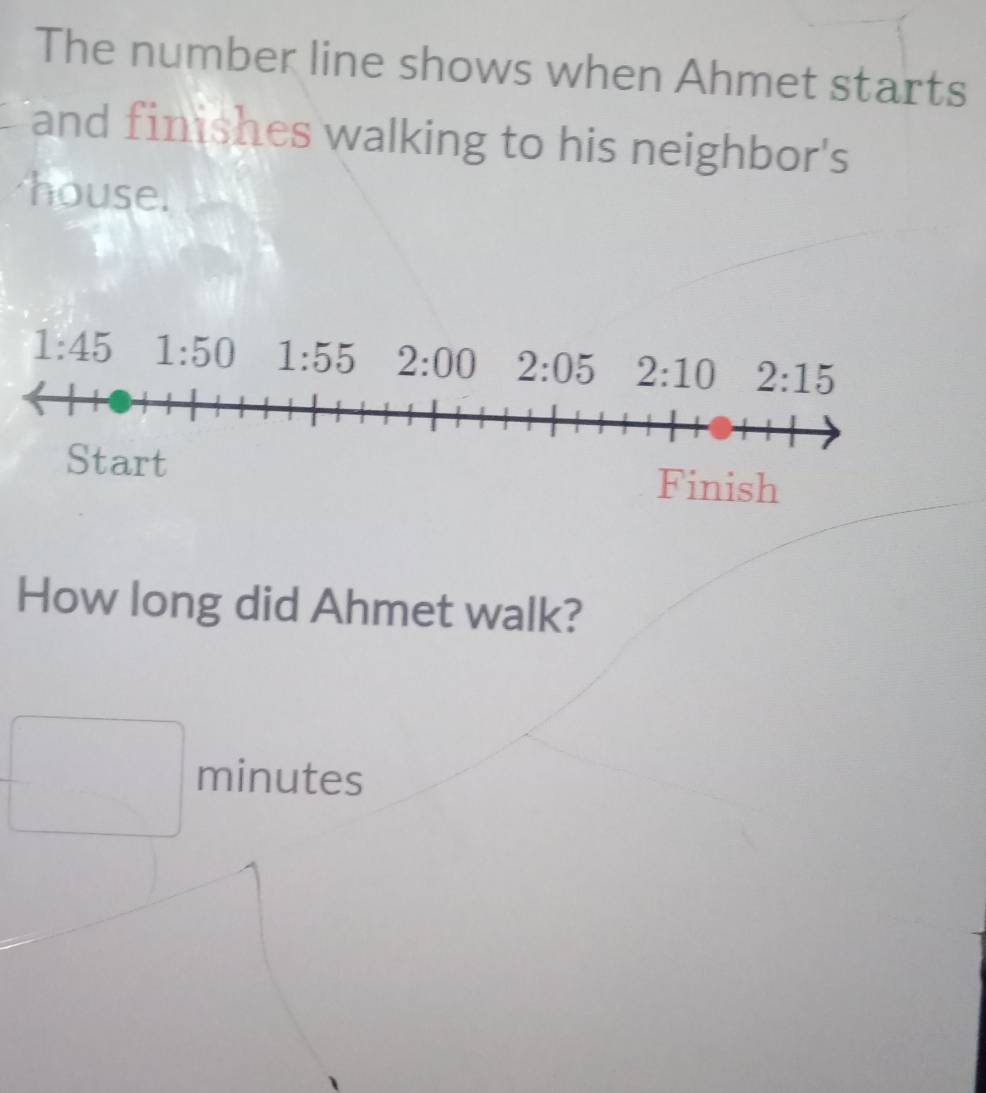 The number line shows when Ahmet starts
and finishes walking to his neighbor's
house.
How long did Ahmet walk?
minutes