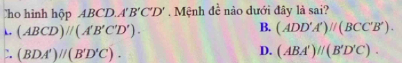 Cho hình hộp ABC. D. A'B'C'D'. Mệnh đề nào dưới đây là sai?
L (ABCD)parallel (A'B'C'D').
B. (ADD'A')parallel (BCC'B').
D.
C. (BDA')//(B'D'C). (ABA')//(B'D'C).