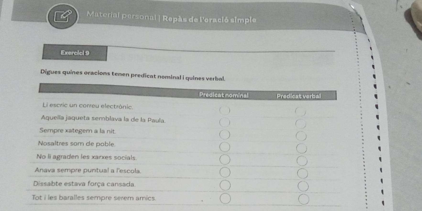 Material personal | Repès de l'oració simple 
Exercici 9 
Digues quines oracions tenen predicat nomina