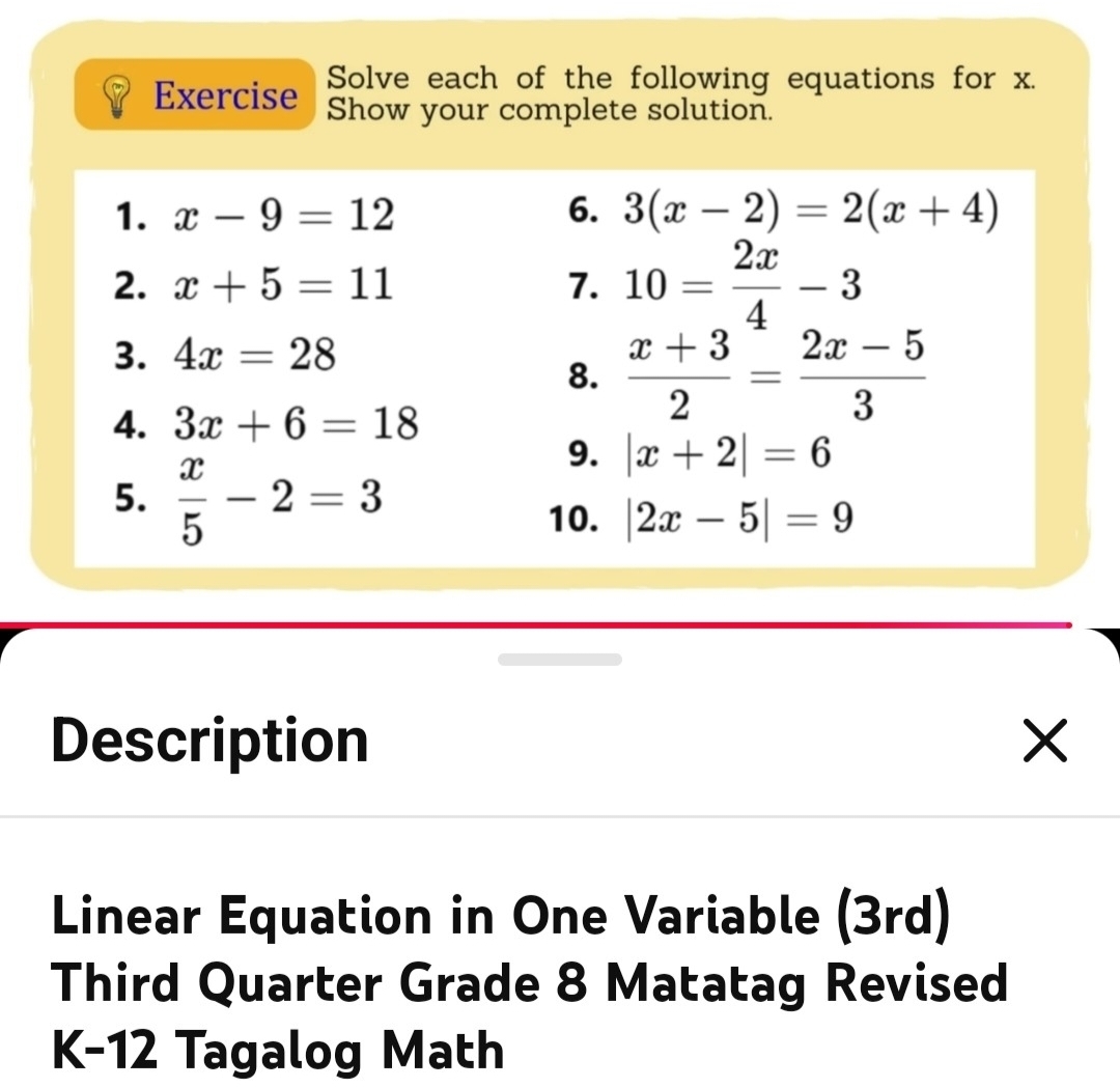 Solved: Solve each of the following equations for x. Exercise Show your ...