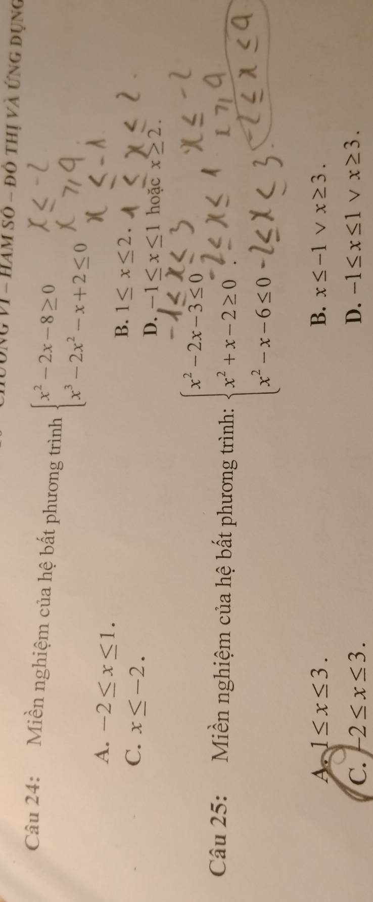 NG VI - Ham số - đô thị và ứng dụng
Câu 24: Miền nghiệm của hệ bất phương trình beginarrayl x^2-2x-8≥ 0 x^3-2x^2-x+2≤ 0endarray.
A. -2≤ x≤ 1.
B. 1≤ x≤ 2.
C. x≤ -2. hoặc x≥ 2.
D. -1≤ x≤ 1
Câu 25: Miền nghiệm của hệ bất phương trình: beginarrayl x^2-2x-3≤ 0 x^2+x-2≥ 0 x^2-x-6≤ 0endarray.
A 1≤ x≤ 3.
B. x≤ -1° V x≥ 3.
C. -2≤ x≤ 3. D. -1≤ x≤ 1 V x≥ 3.