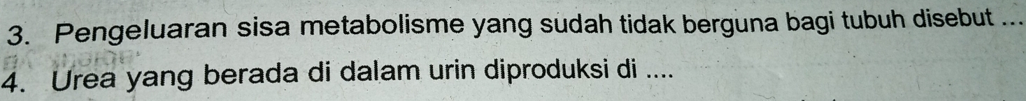 Pengeluaran sisa metabolisme yang sudah tidak berguna bagi tubuh disebut ... 
4. Urea yang berada di dalam urin diproduksi di ....