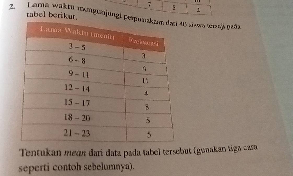 10
7 5 2
tabel berikut. 
2. Lama waktu mengunjungi per0 siswa tersaji pada 
Tentukan mean dari data pada tabel tersebut (gunakan tiga cara 
seperti contoh sebelumnya).