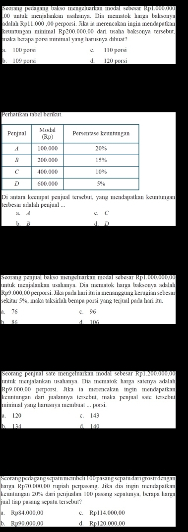 Seorang pedagang bakso mengeluarkan modal sebesar Rp1.000.000
,00 untuk menjalankan usahanya. Dia mematok harga baksonya
adalah Rp11.000 .00 perporsi. Jika ia merencakan ingin mendapatkan
keuntungan minimal Rp200.000,00 dari usaha baksonya tersebut,
maka berapa porsi minimal yang harusnya dibuat?
a. 100 porsi c. 110 porsi
b. 109 porsi d. 120 porsi
Perhatikan tabel berikut.
Di antara keempat penjual tersebut, yang mendapatkan keuntungan
terbesar adalah penjual ...
a. A c. C
b. B d. D
Seorang penjual bakso mengeluarkan modal sebesar Rp1.000,000,00
untuk menjalankan usahanya. Dia mematok harga baksonya adalah
Rp9.000,00 perporsi. Jika pada hari itu ia menanggung kerugian sebesar
sekitar 5%, maka taksirlah berapa porsi yang terjual pada hari itu.
a. 76 c. 96
b. 86 d. 106
Seorang penjual sate mengeluarkan modal sebesar Rp1,200,000,00
untuk menjalankan usahanya. Dia mematok harga satenya adalah
Rp9.000,00 perporsi. Jika ia merencakan ingin mendapatkan
keuntungan dari jualannya tersebut, maka penjual sate tersebut
minimal yang harusnya membuat ... porsi.
a. 120 c. 143
b. 134 d. 140
Seorang pedagang sepatu membeli 100 pasang sepatu dari grosir dengan
harga Rp70.000,00 rupiah perpasang. Jika dia ingin mendapatkan
keuntungan 20% dari penjualan 100 pasang sepatunya, berapa harga
jual tiap pasang sepatu tersebut?
a. Rp84.000,00 c. Rp114.000,00
b. Rp90.000,00 d. Rp120.000,00