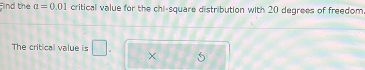 ind the alpha =0.01 critical value for the chi-square distribution with 20 degrees of freedom 
The critical value is □. ×